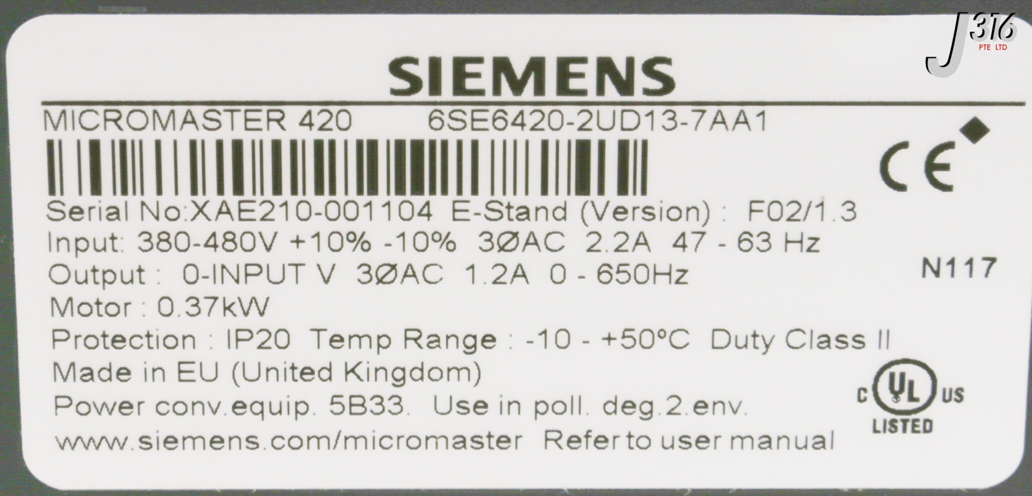 31098 SIEMENS MICROMASTER 420 INVERTER DRIVE (NEW) 6SE6420-2UD13-7AA1